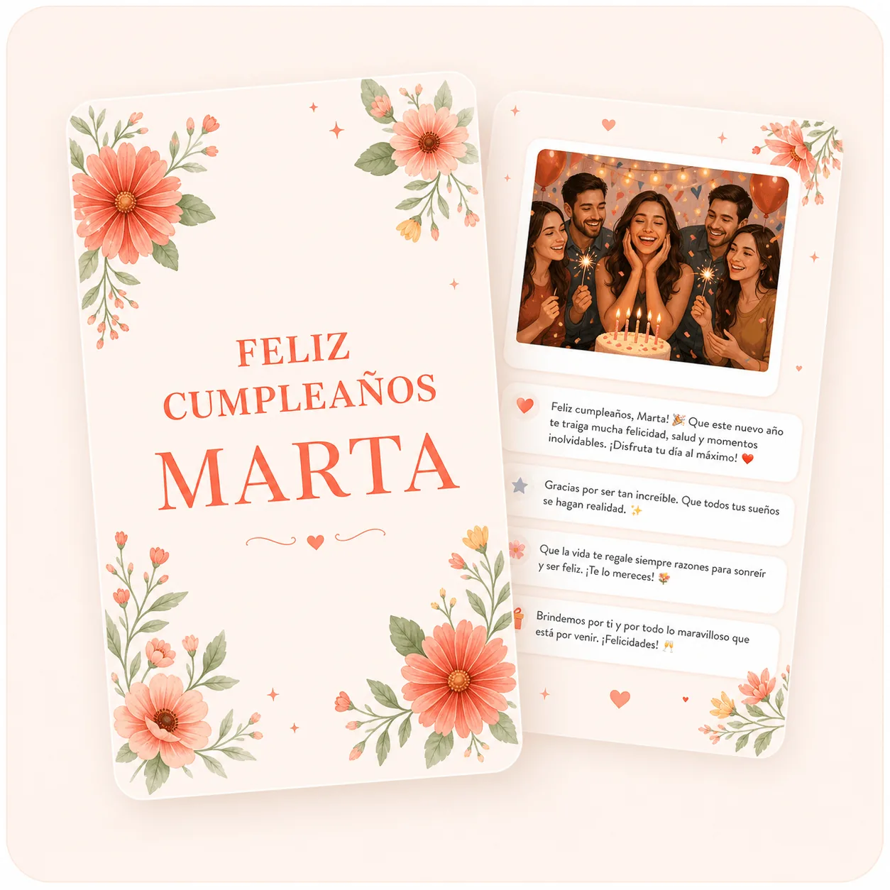 Vista digital final de una tarjeta Happylinx con portada, foto y mensajes