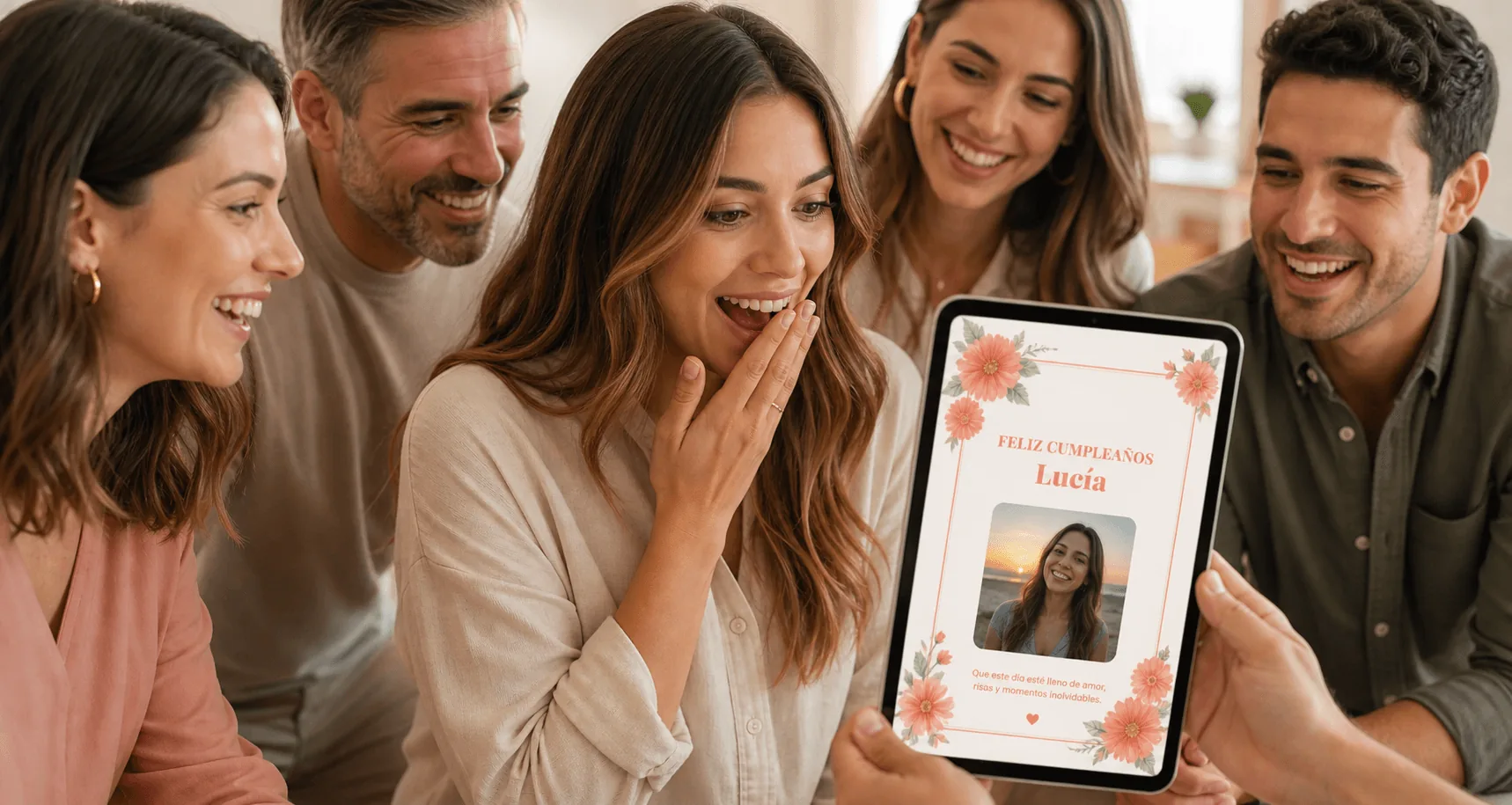 Grupo celebrando una sorpresa mientras una persona mira una tarjeta digital en un iPad
